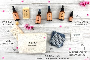 Produits de chez Païma beauté avec une trousse, un filet de lavage, 6 produits naturels, 6 lingettes démaquillantes lavables et un petit guide du layering