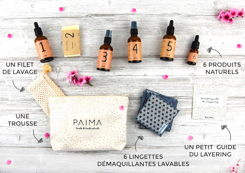 Produits de chez Païma beauté avec une trousse, un filet de lavage, 6 produits naturels, 6 lingettes démaquillantes lavables et un petit guide du layering